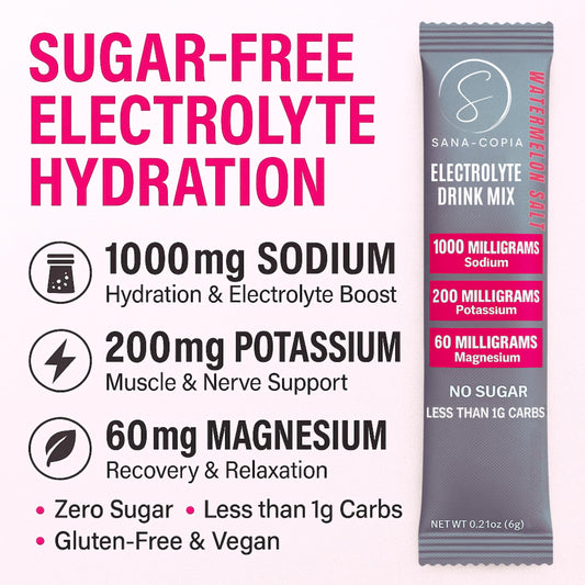 SANA-COPIA Watermelon Salt sachet closeup showcasing sugar-free electrolyte boost.