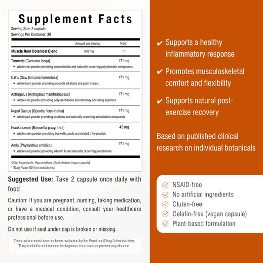 Sana Muscle Root label closeup highlights botanical ingredients for joint comfort