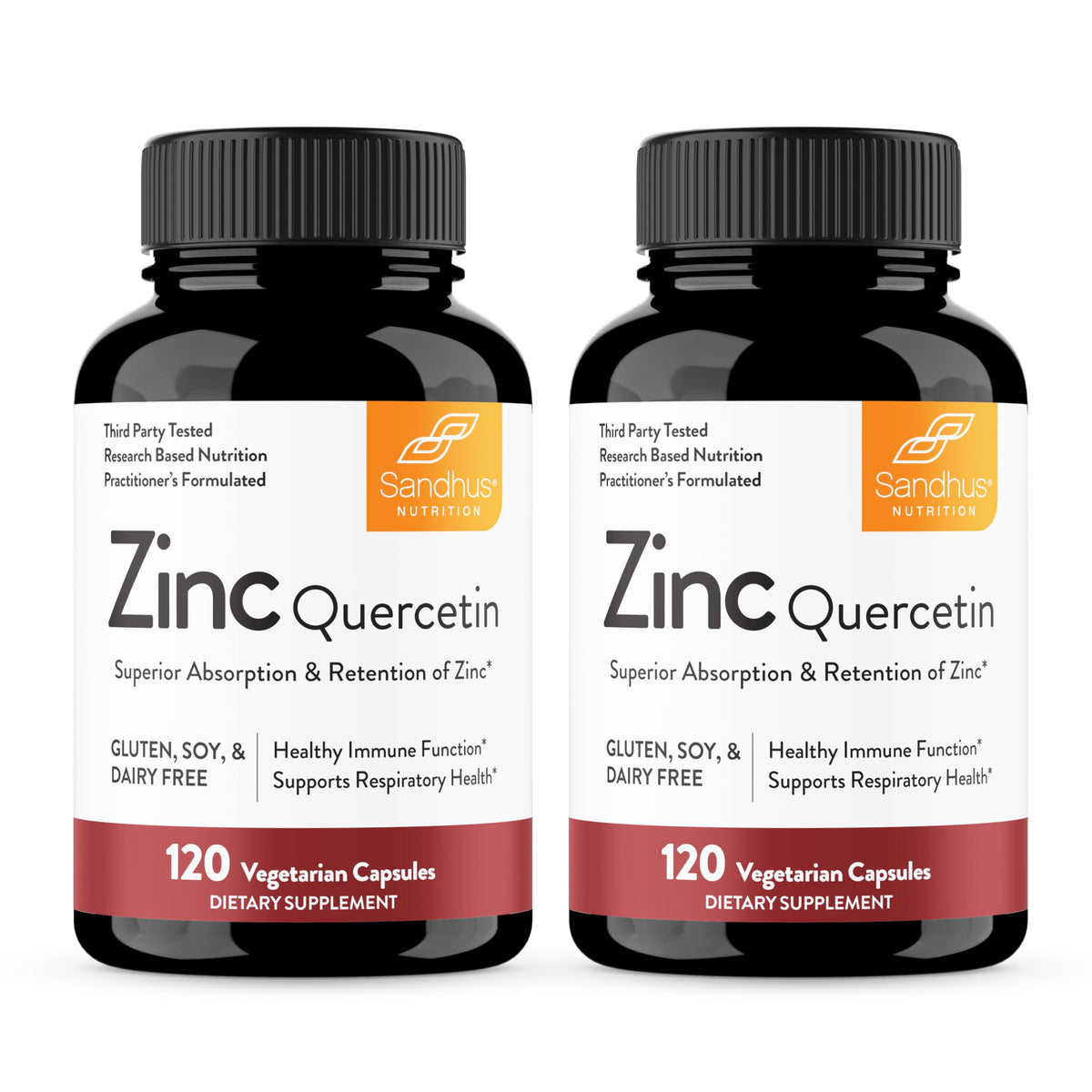 Sandhu's Zinc Quercetin bottle front with easy-to-swallow capsules for daily support
