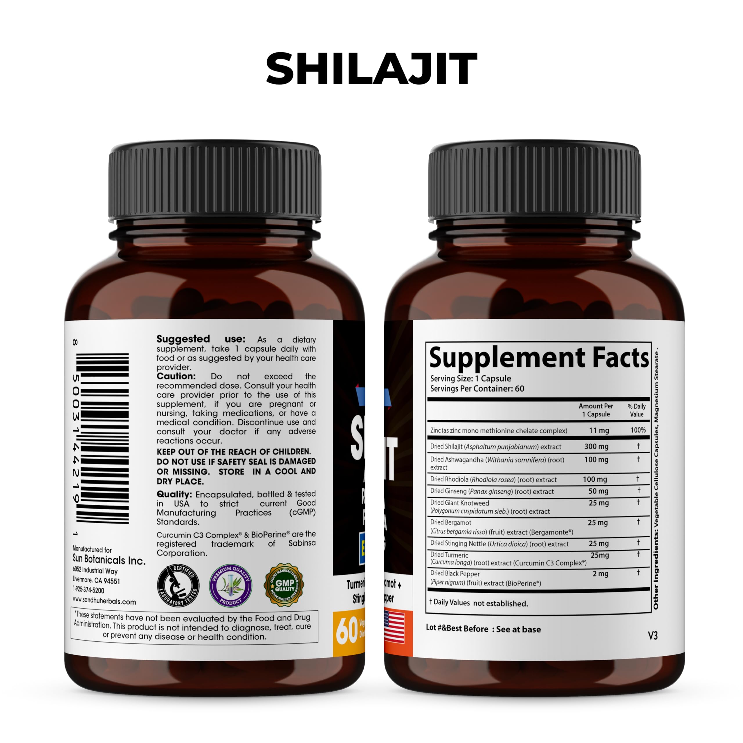 SandhuHerbals Rhodiola Panax Ginseng capsules suggest energy and focus benefits.