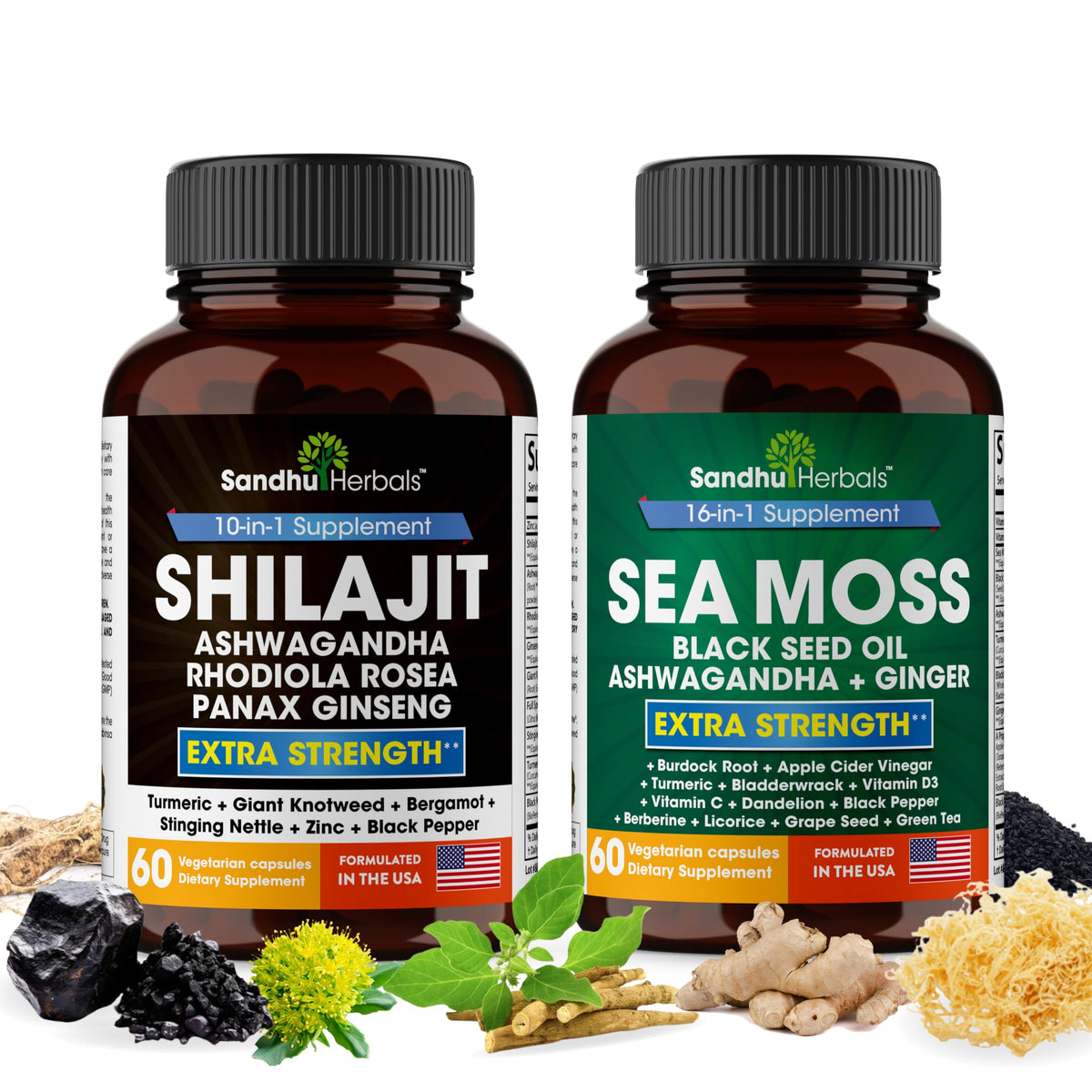 SandhuHerbals Shilajit Sea Moss bundle bottle promotes daily energy and vitality.