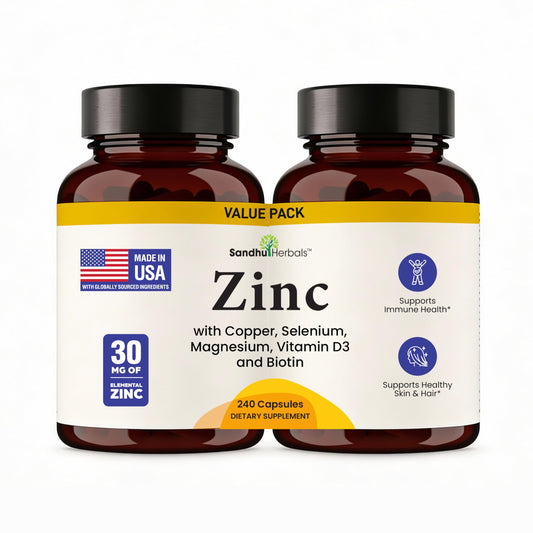 SandhuHerbals Zinc 30mg copper selenium capsules bottle close-up for daily immune support