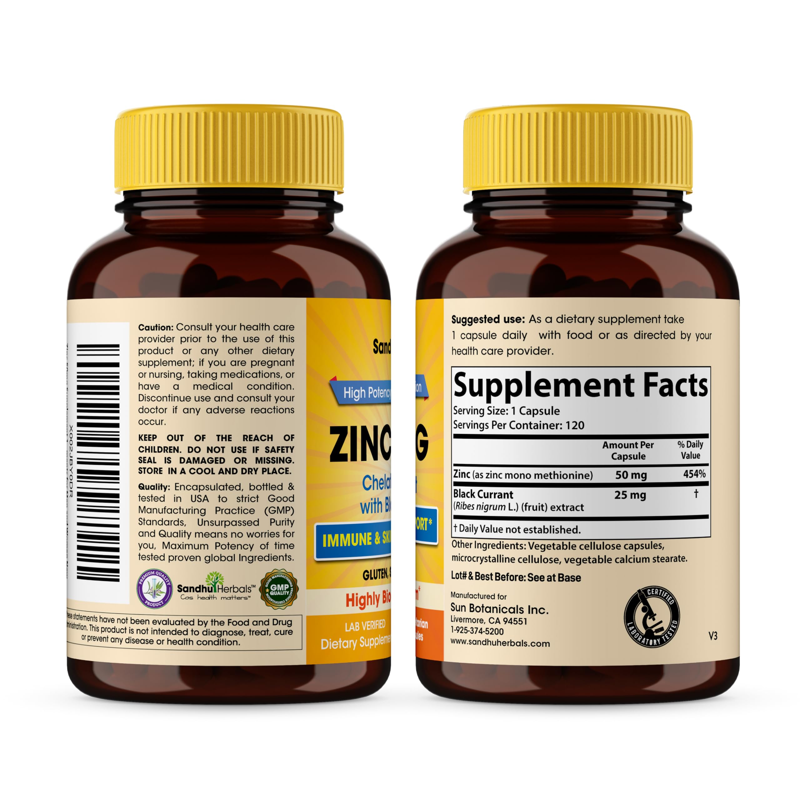 Sandhu Herbals Zinc bottle back with dosage and supplement details.
