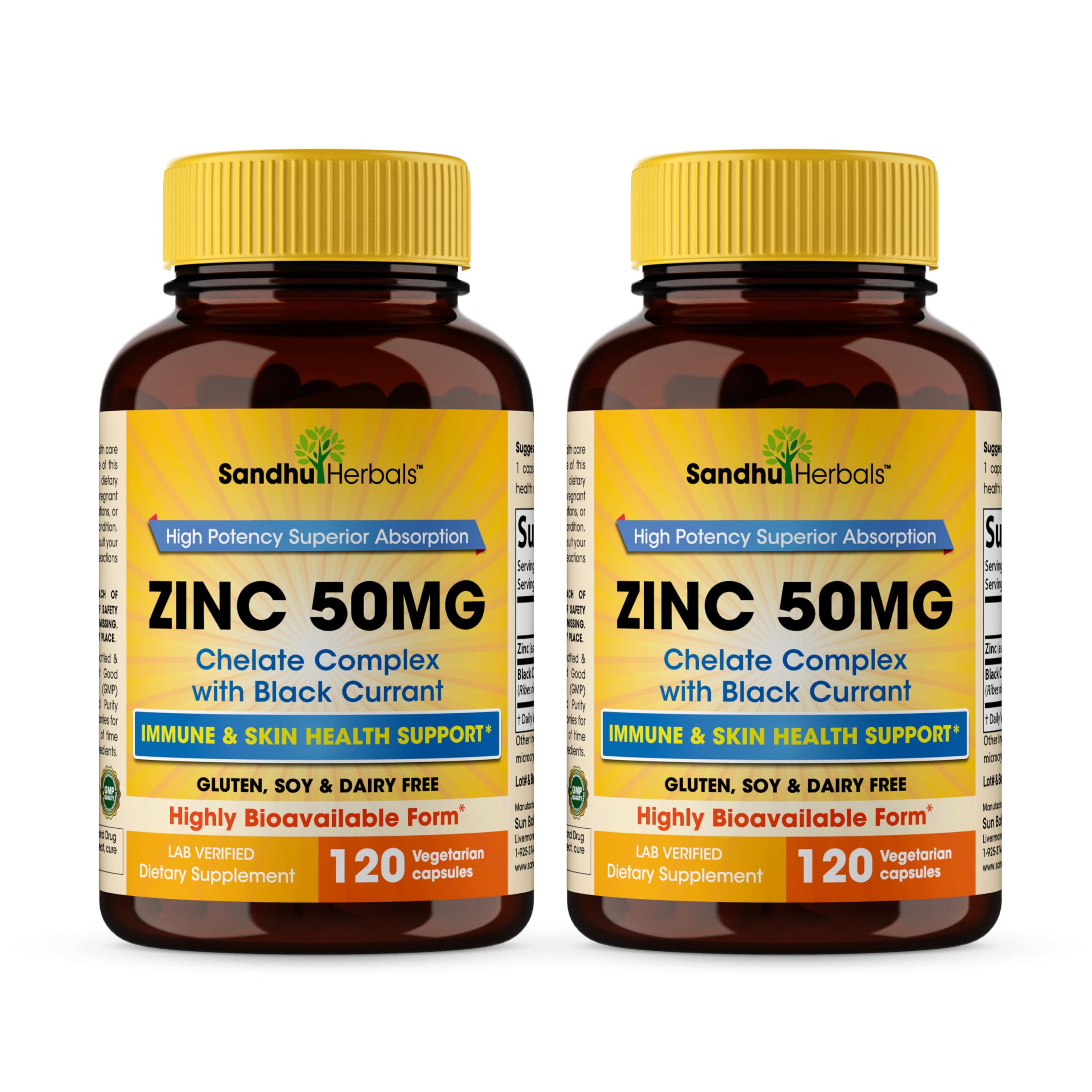 Sandhu Herbals Zinc 50mg capsules bottle front for daily immune support.