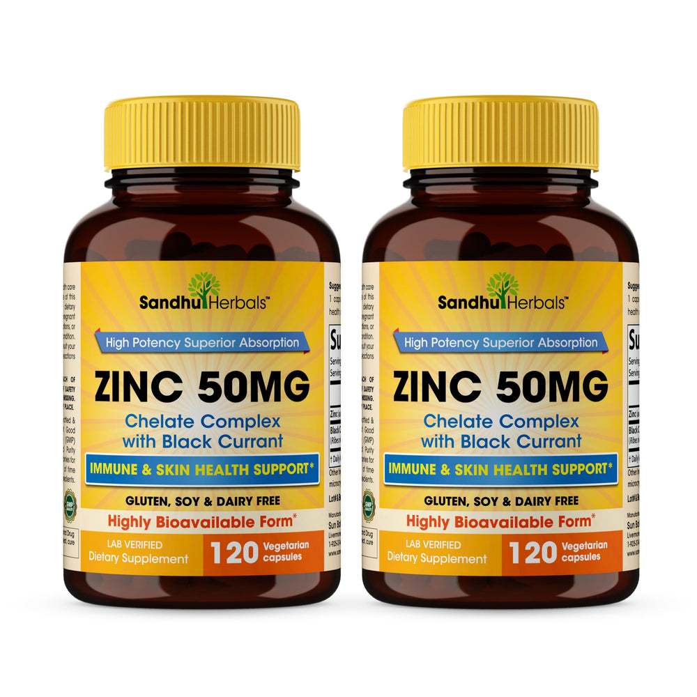 Sandhu Herbals Zinc 50mg capsules bottle front for daily immune support.