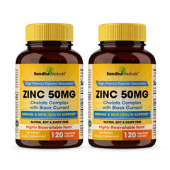 Sandhu Herbals Zinc 50mg capsules bottle front for daily immune support.