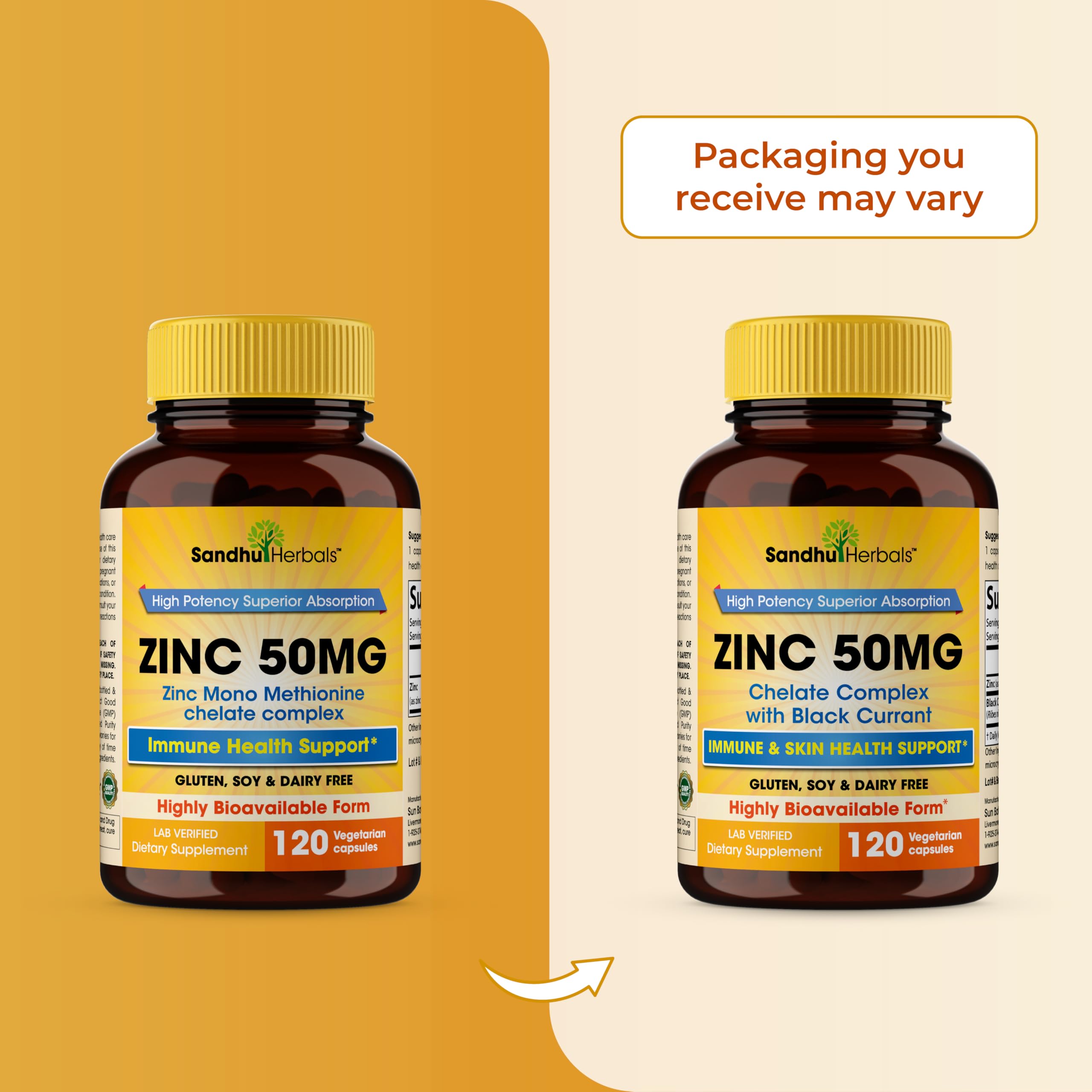 Sandhu Herbals Zinc bottle closeup signaling premium USA manufacturing.