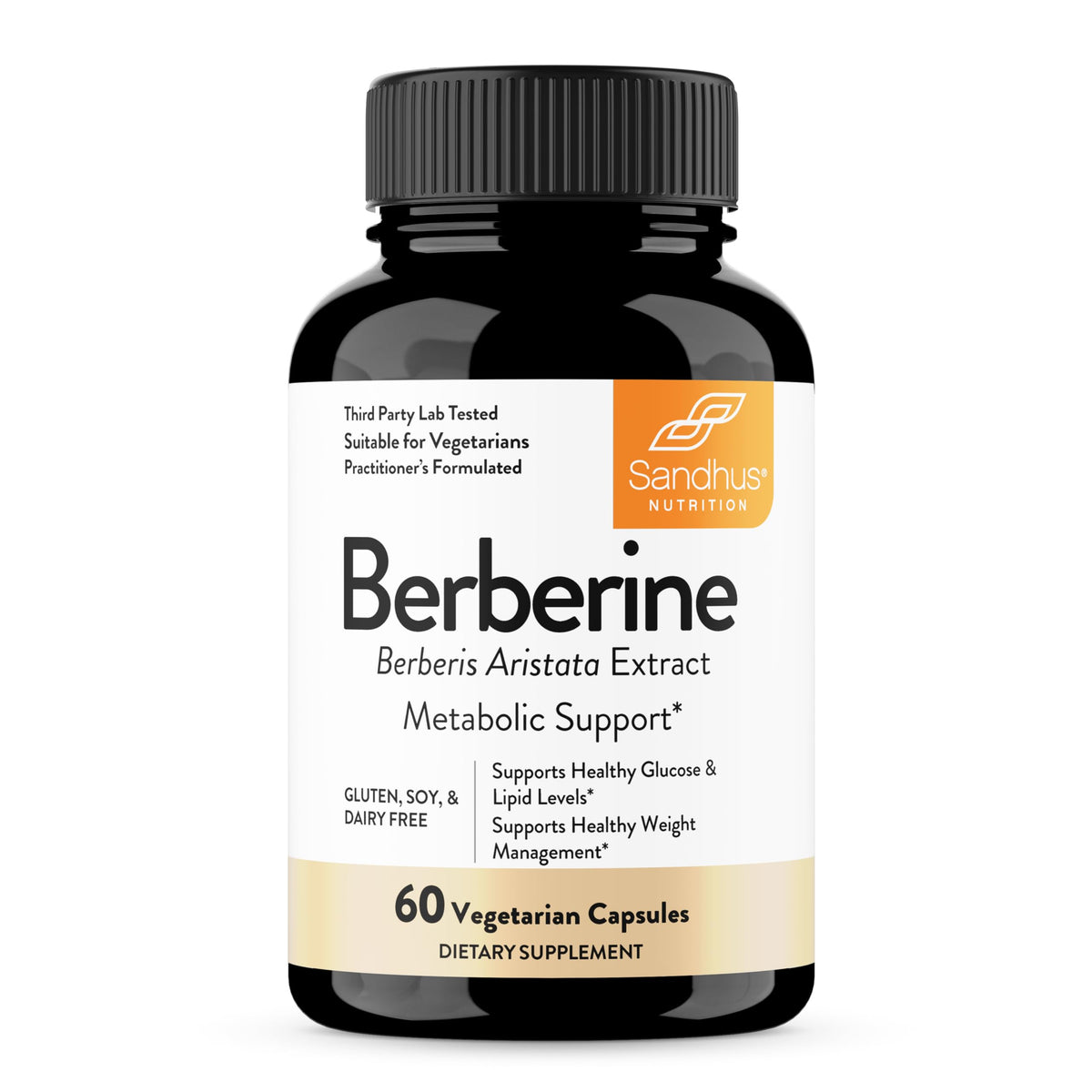 Sandhu's Berberine HCL bottle on a clean counter for daily metabolic support.