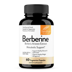 Sandhu's Berberine HCL bottle on a clean counter for daily metabolic support.