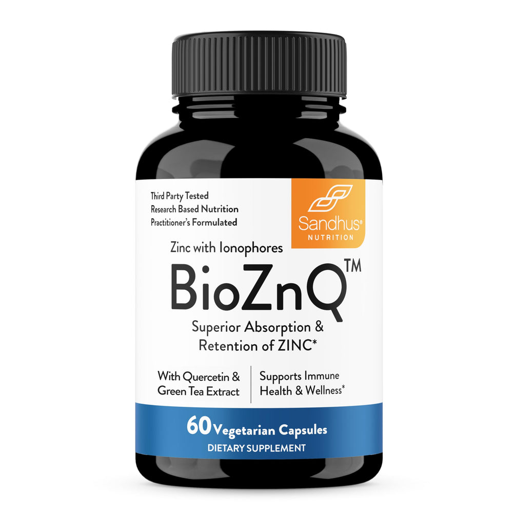 Sandhu's BioZnq zinc bottle highlighting ionophores for easy daily use.