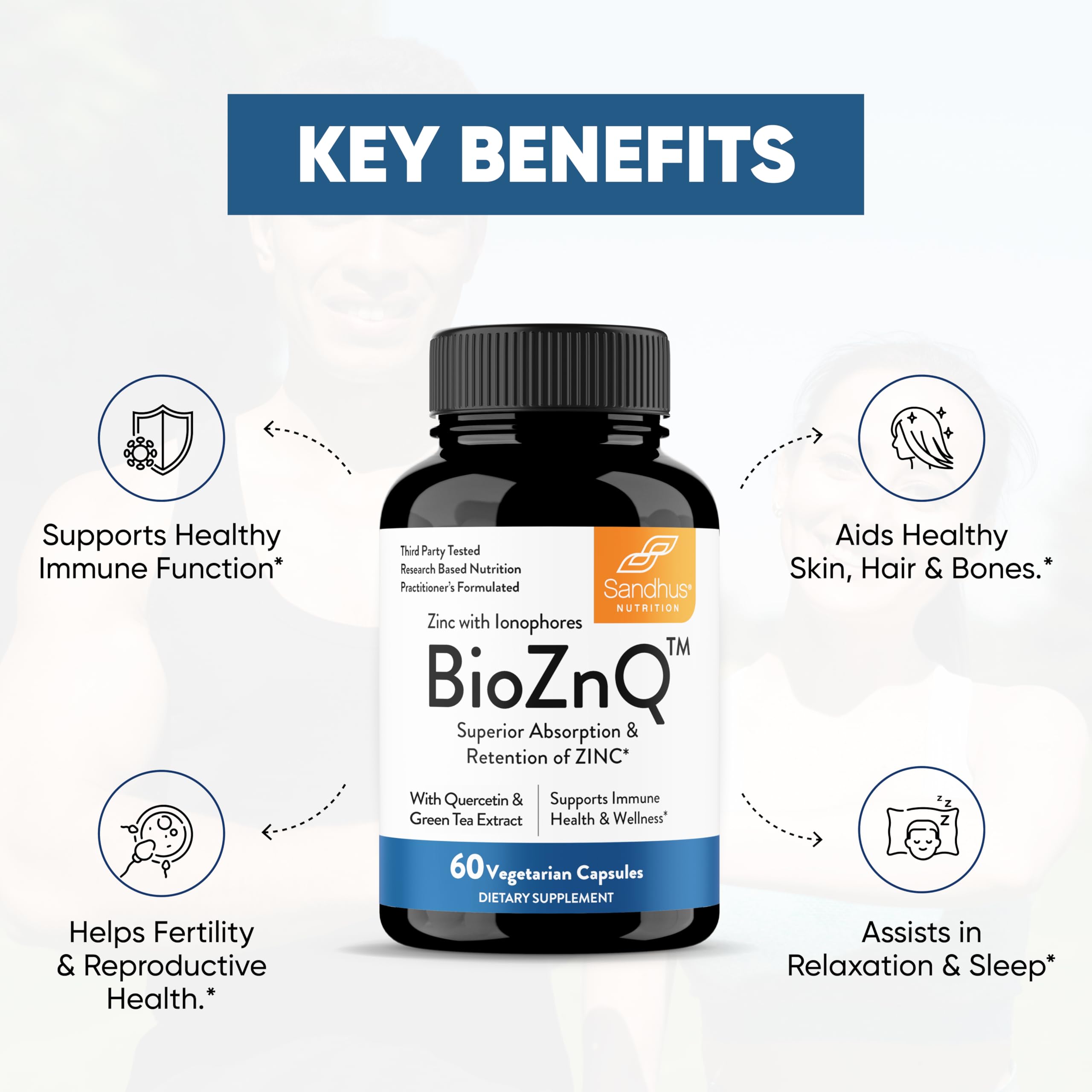 BioZnq allergen-free icon on label for dietary compatibility.