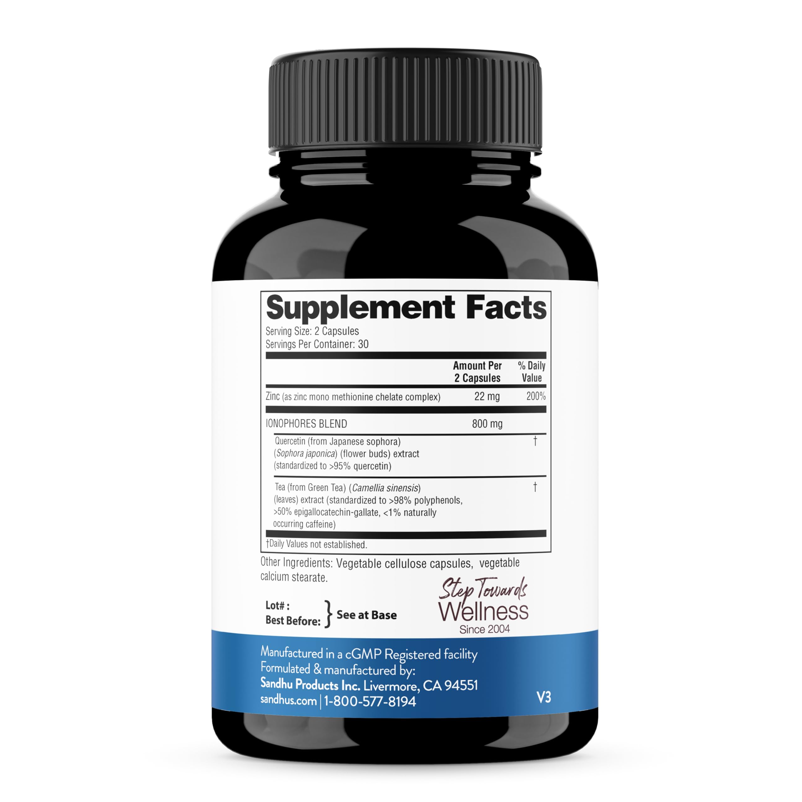 BioZnq ingredients quercetin and green tea for absorption support.