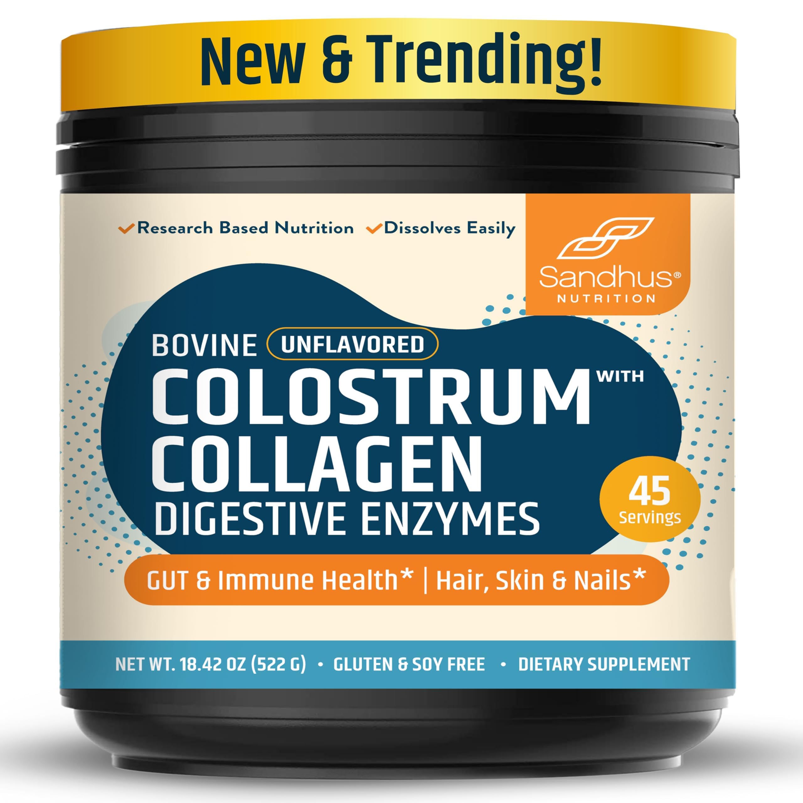 Sandhu's bovine colostrum and collagen powder bottle supports skin and immune health