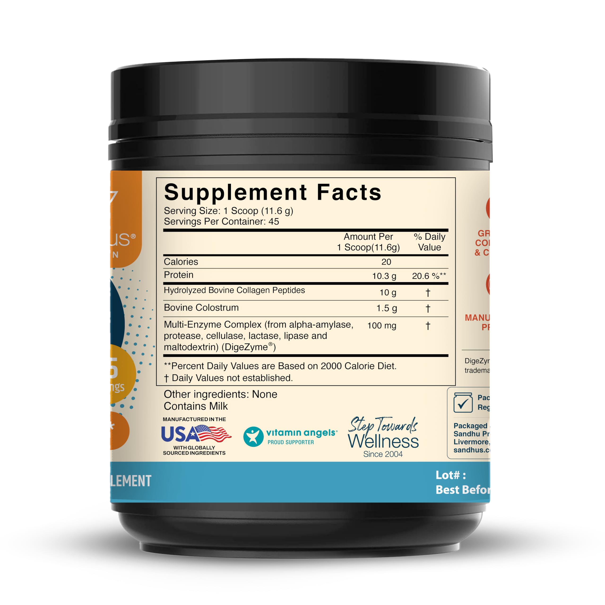 Close-up of Sandhu's label shows grass-fed colostrum and collagen for skin and immune support