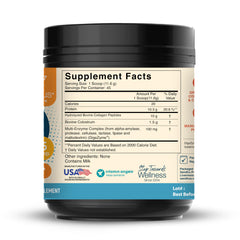 Close-up of Sandhu's label shows grass-fed colostrum and collagen for skin and immune support