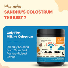 Sandhu's colostrum powder bottle; supports immune and skin health.