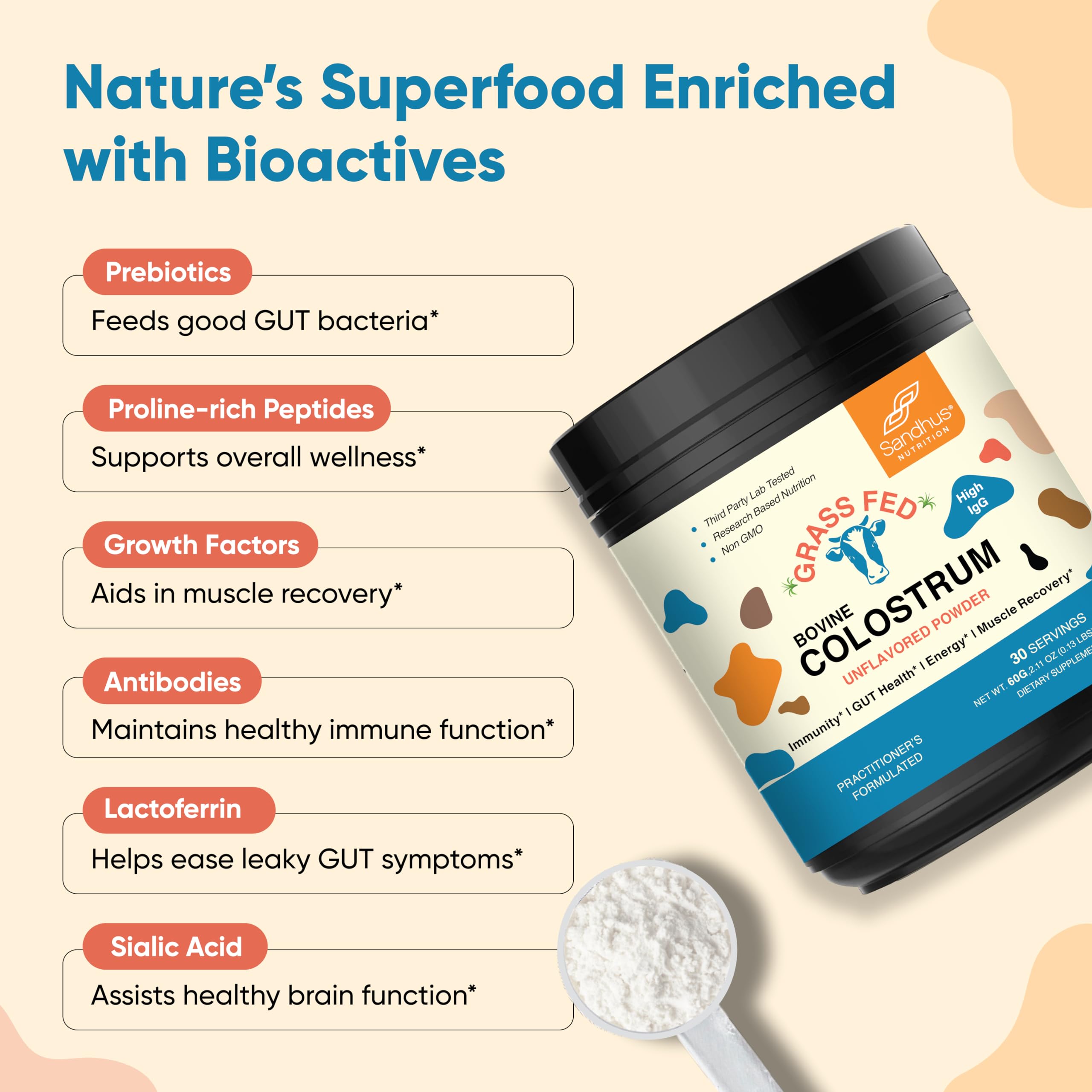 Sandhu's Colostrum powder dissolving in water for a smooth blend.