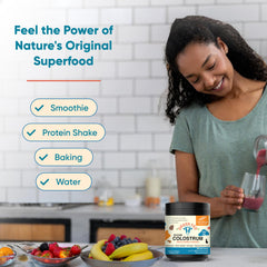 Sandhu's colostrum powder mixed in a glass of water for convenience.