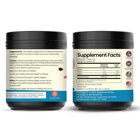 Sandhu's colostrum powder scoop dispenses a precise 2 g serving.