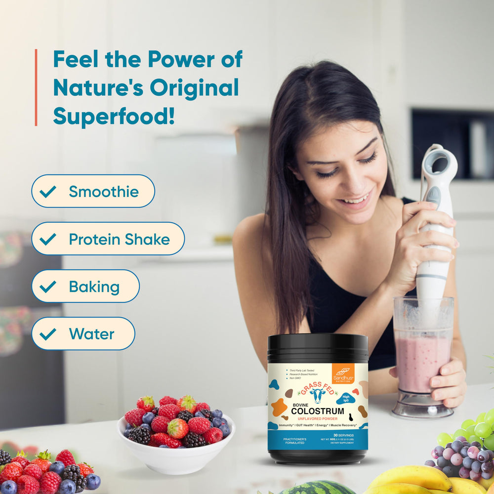 Sandhu's Colostrum powder scoop for easy daily mixing.