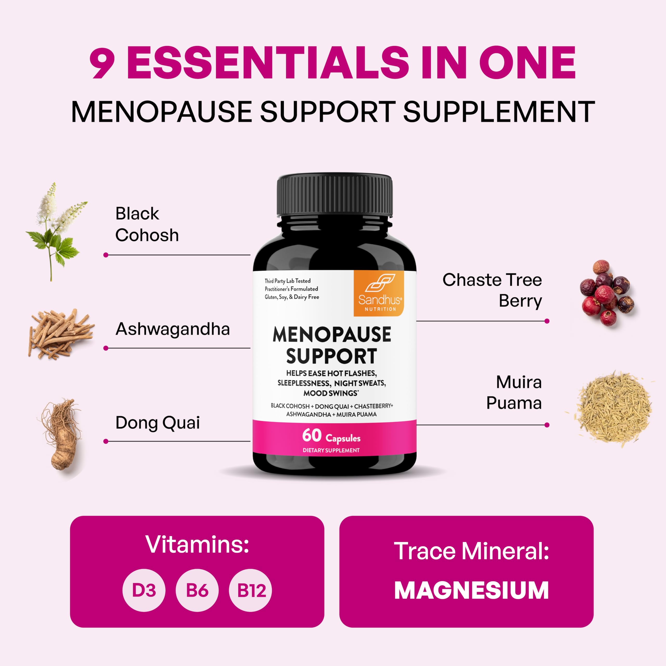 Sandhu's Complete Menopause Support capsules close-up, easy to swallow