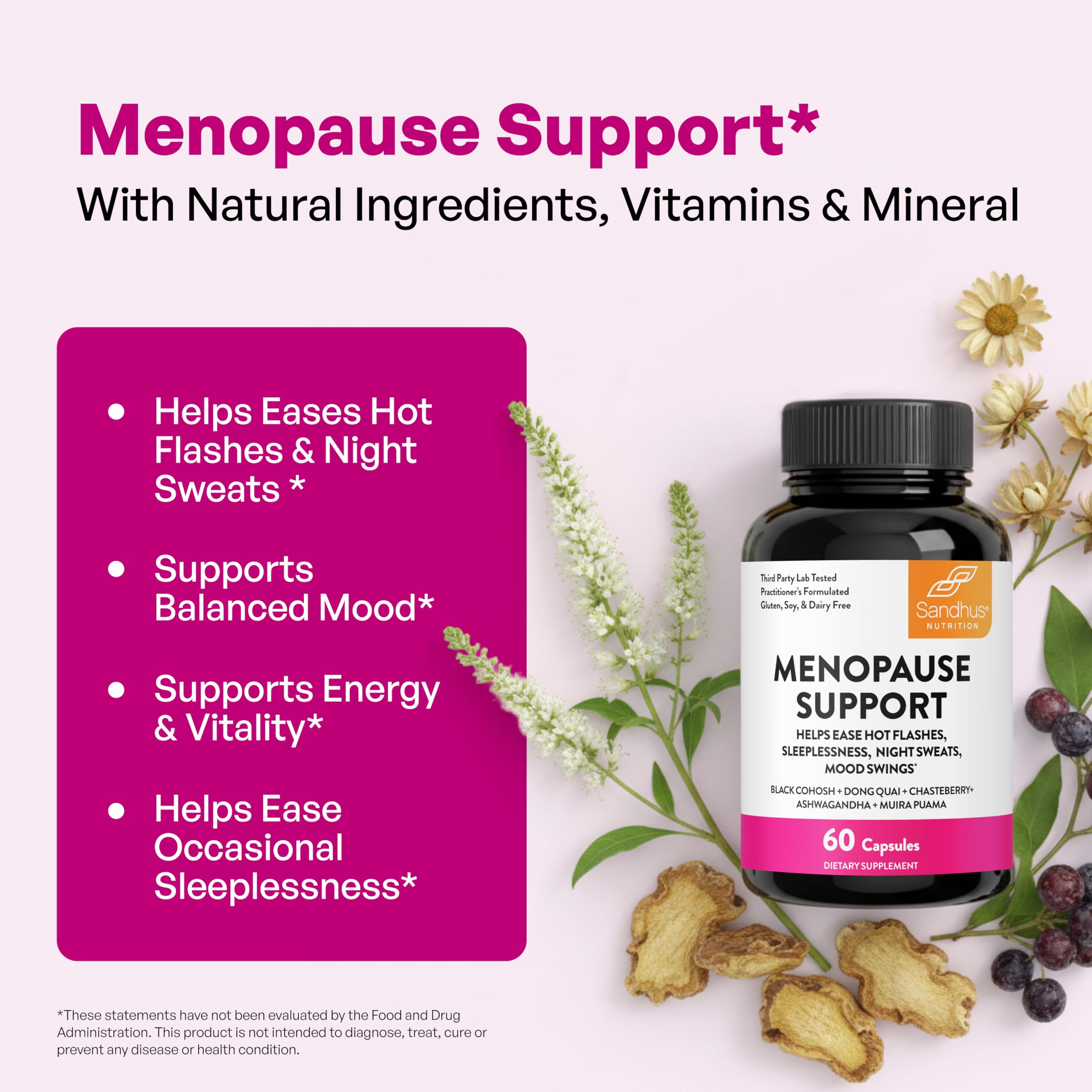 Sandhu's Complete Menopause Support ingredients blend highlighting botanical harmony