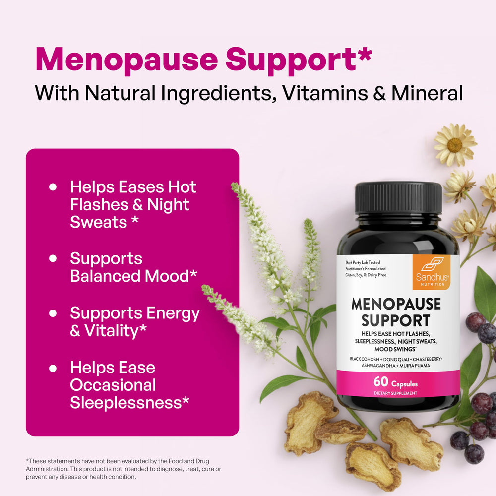 Sandhu's Complete Menopause Support ingredients blend highlighting botanical harmony