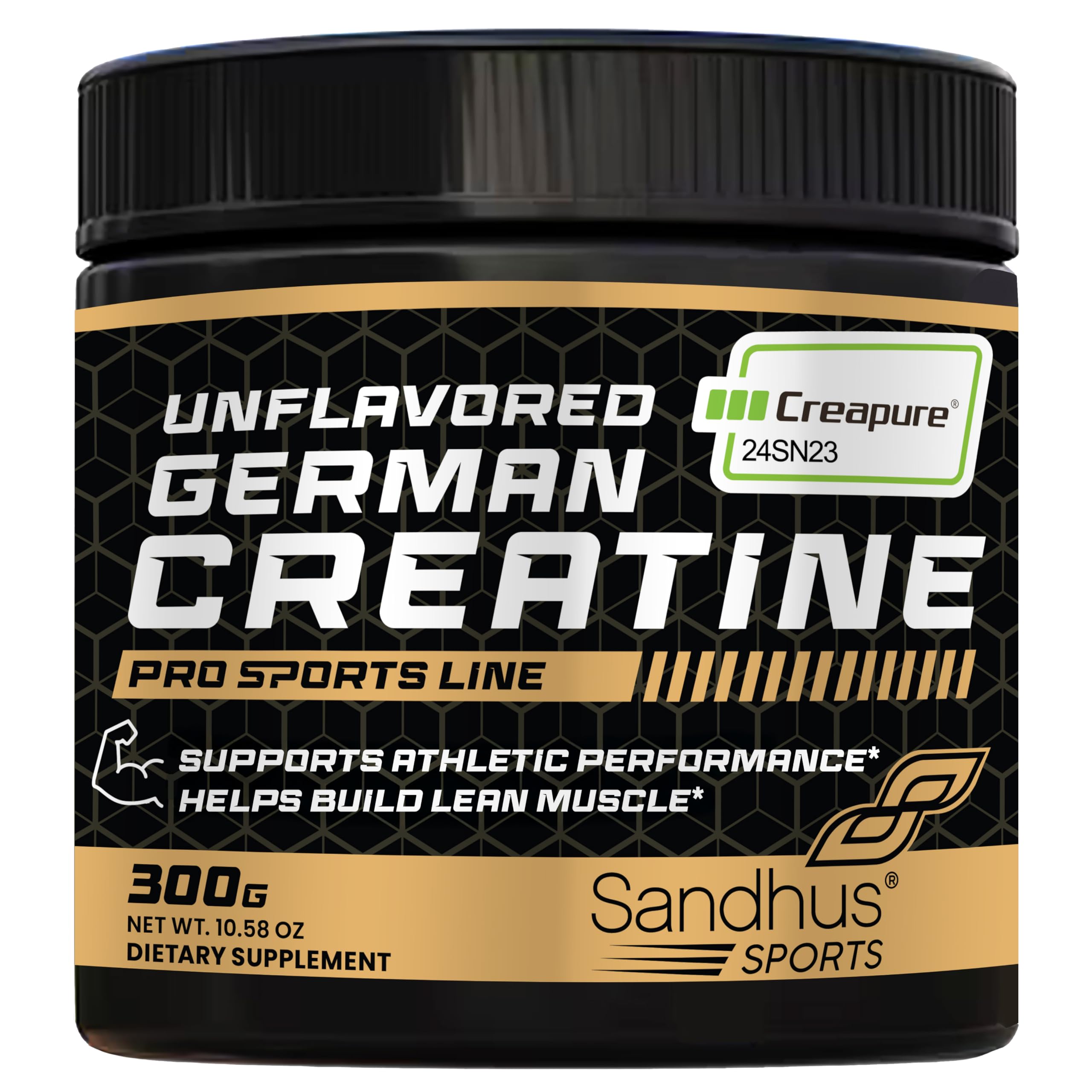 Sandhus Creapure creatine bottle shown for easy daily supplementation to support workouts