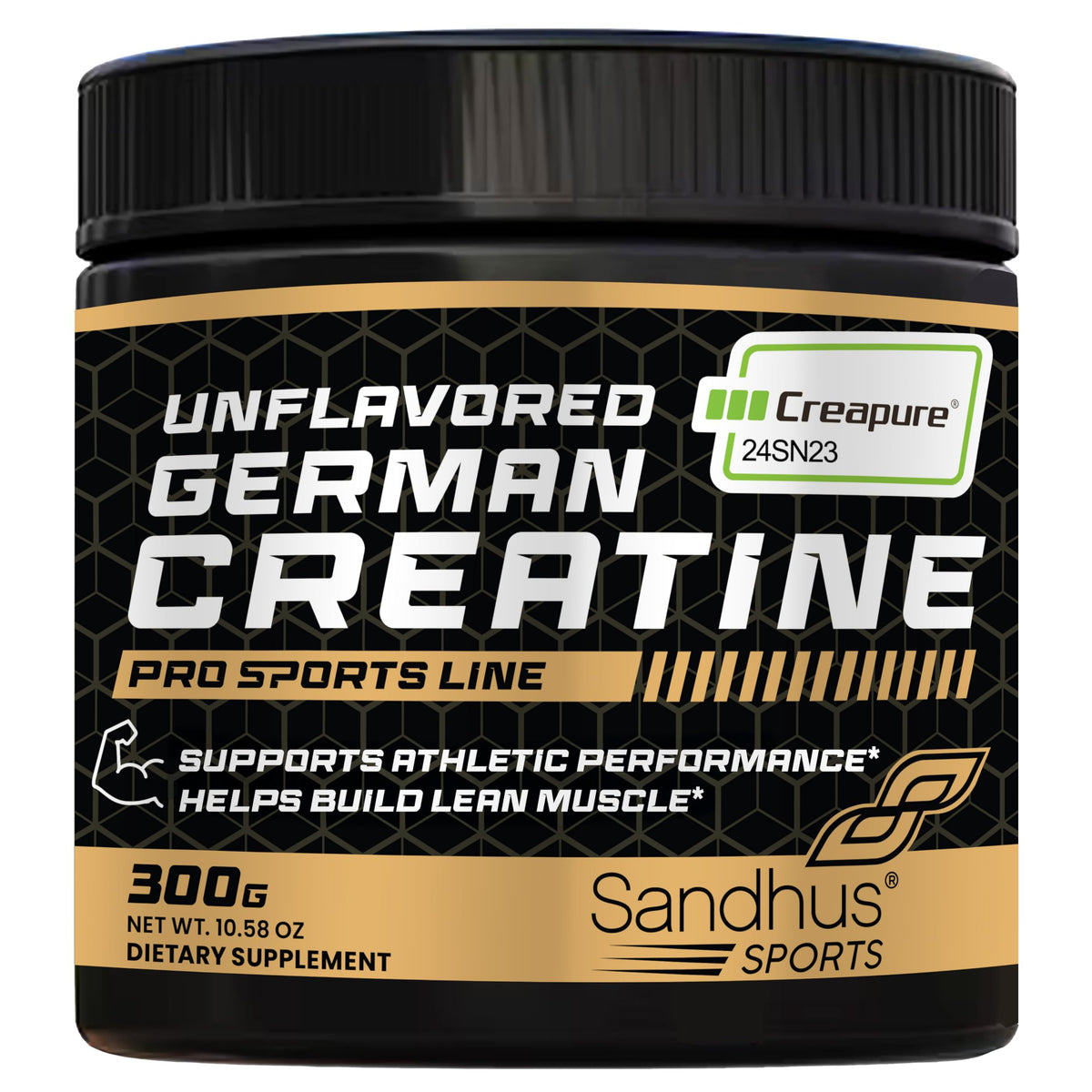 Sandhus Creapure creatine bottle shown for easy daily supplementation to support workouts