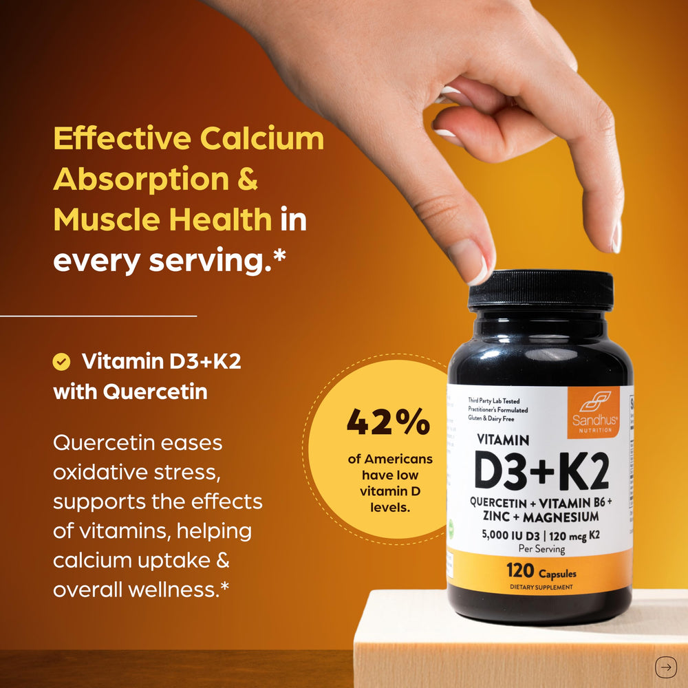 Sandhu's D3K2 5000IU bottle label displaying potency for bone health.