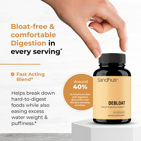 Sandhu's Debloat capsules close-up with multi-enzyme blend for digestion after meals.