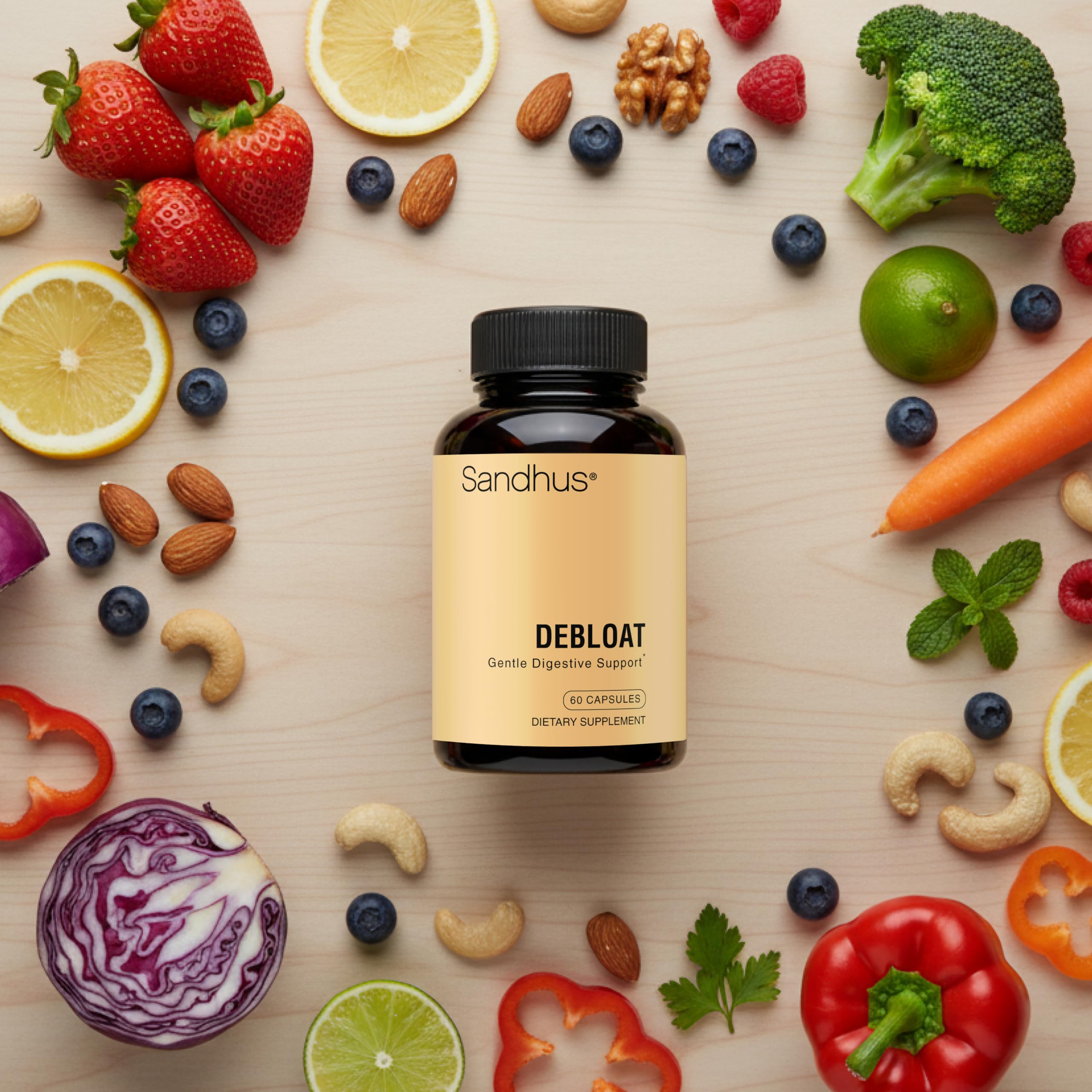 Sandhu's Debloat ingredients ginger peppermint fennel provide natural digestive comfort.