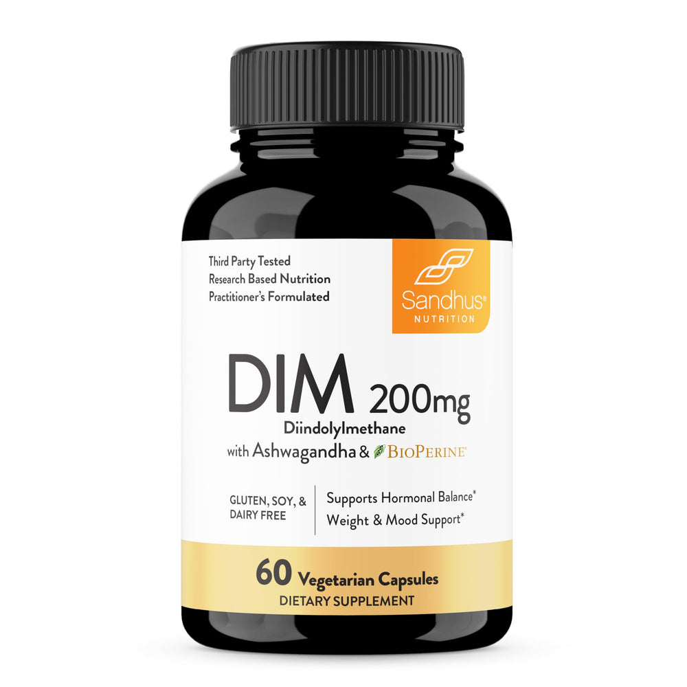 Sandhu's DIM bottle front view suggesting hormone balance.