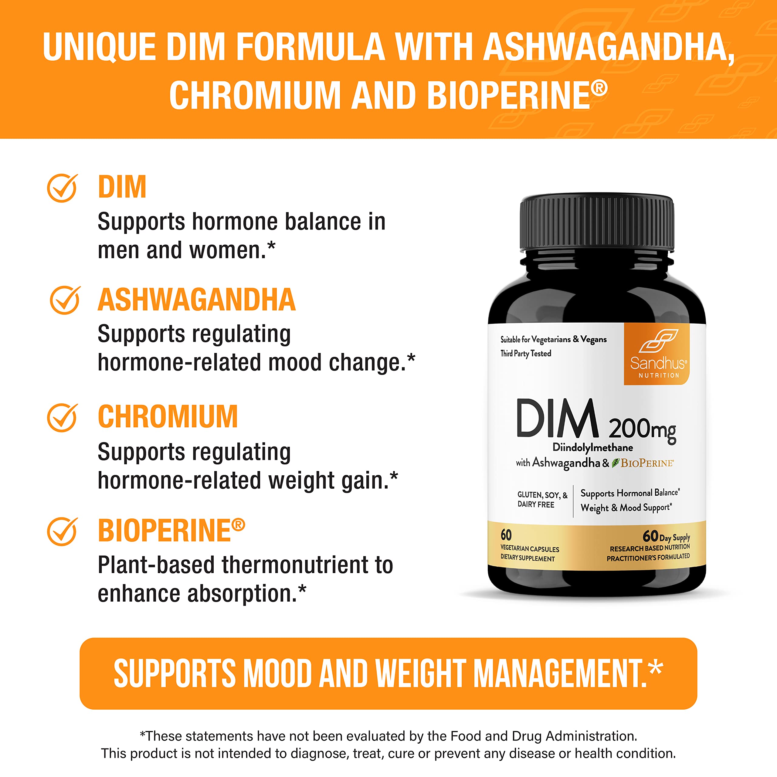 Sandhu's DIM nutrition facts panel and third-party testing.