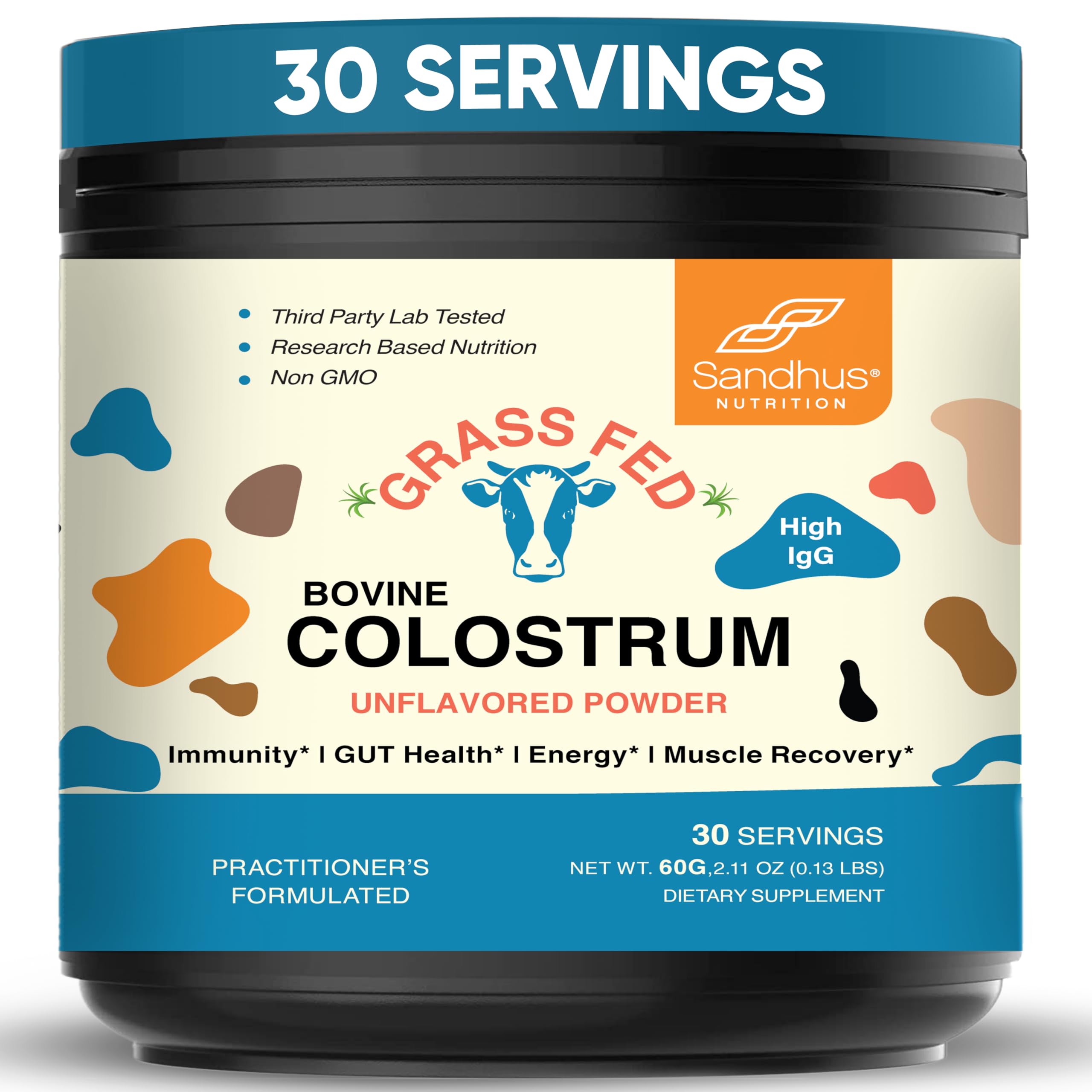 Sandhu's Grass Fed Colostrum Powder jar front for everyday immune support.