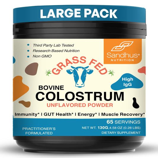Sandhu's grass-fed colostrum powder tub; immune and gut health support.