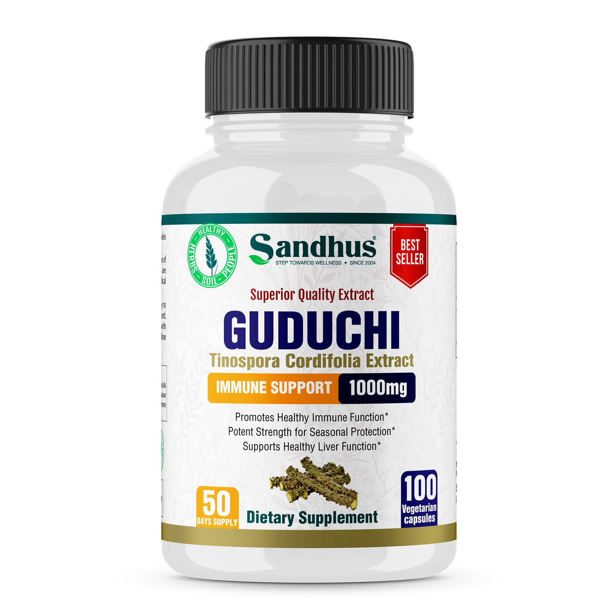 Sandhu's Guduchi Giloy bottle packaging with vegetarian capsules for daily immune support.