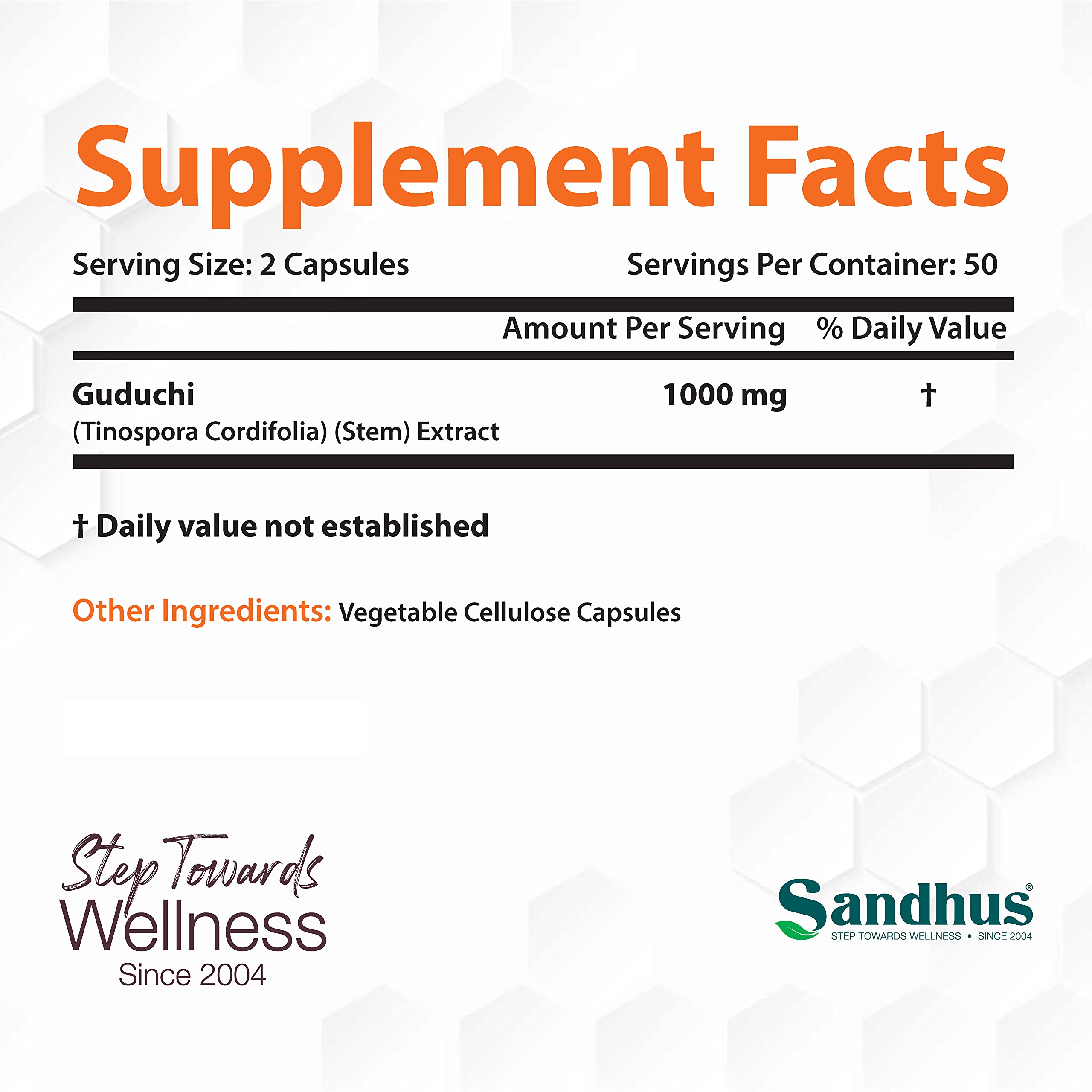 Close-up of Sandhu's Guduchi Giloy capsules highlighting vegetarian formulation.