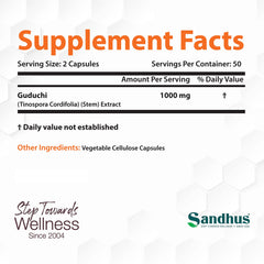 Close-up of Sandhu's Guduchi Giloy capsules highlighting vegetarian formulation.