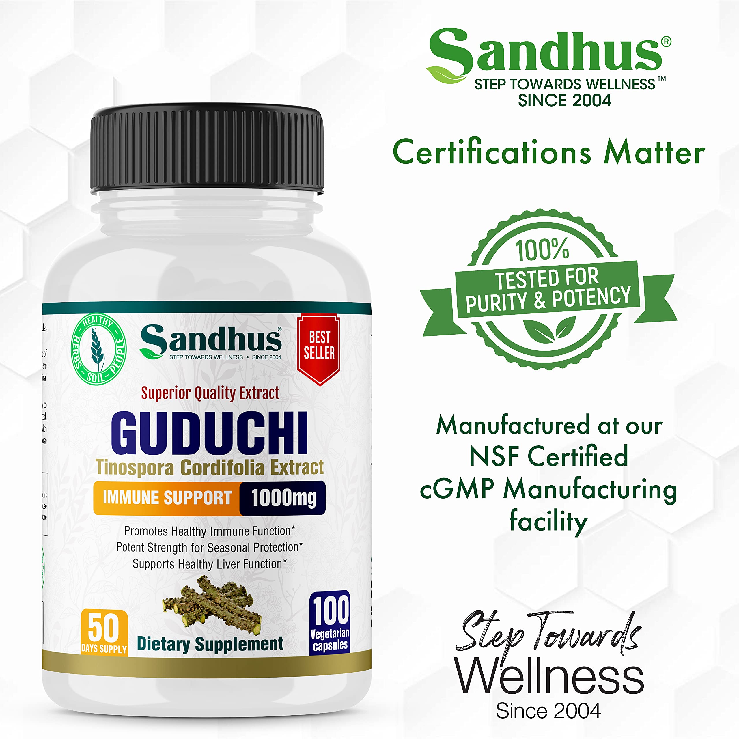 Sandhu's Guduchi Giloy container with clear USA manufacturing assurance.
