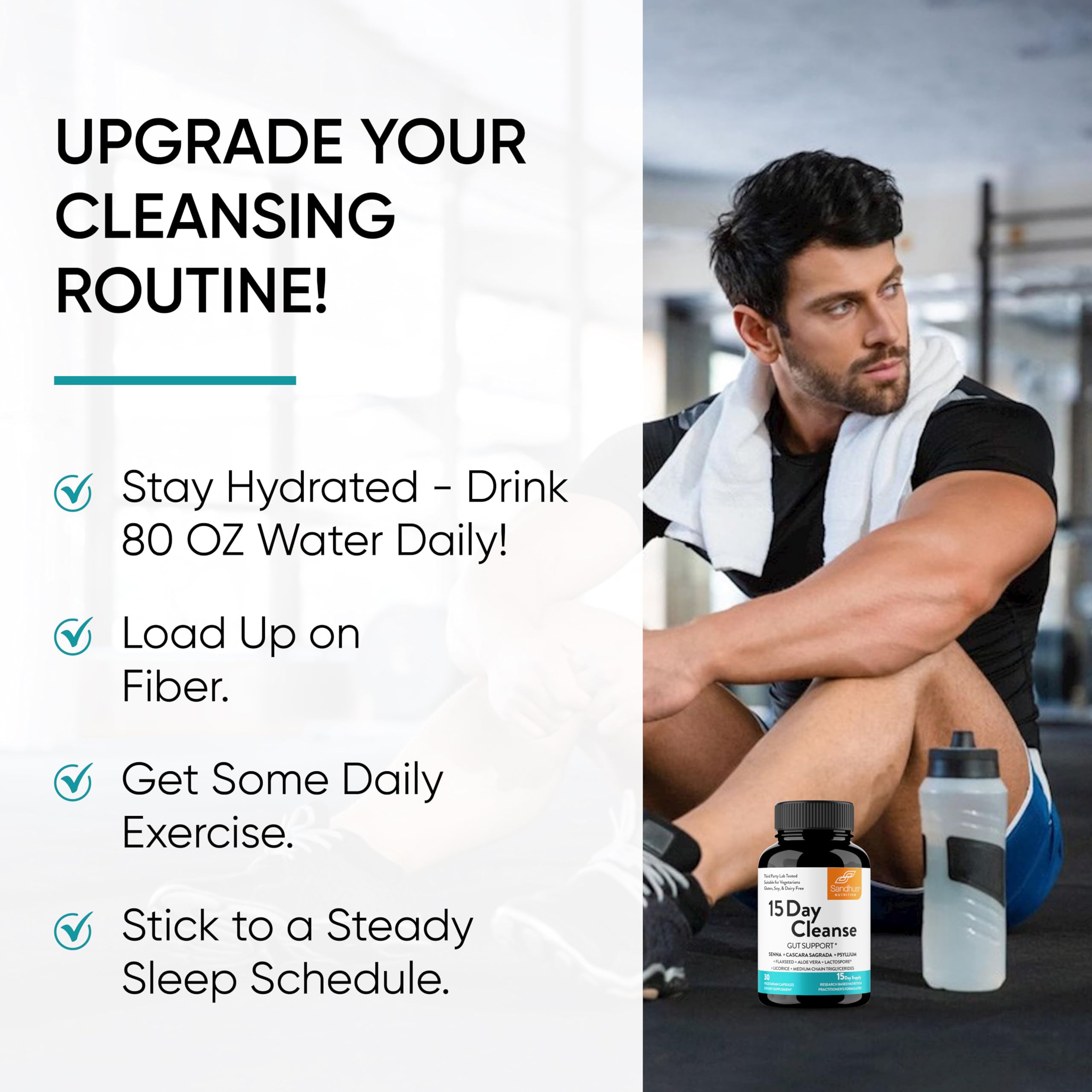 Sandhu's Gut Cleanse at bedtime capsules beside a glass of water