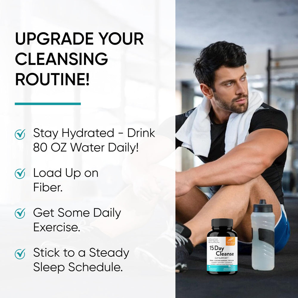 Sandhu's Gut Cleanse at bedtime capsules beside a glass of water
