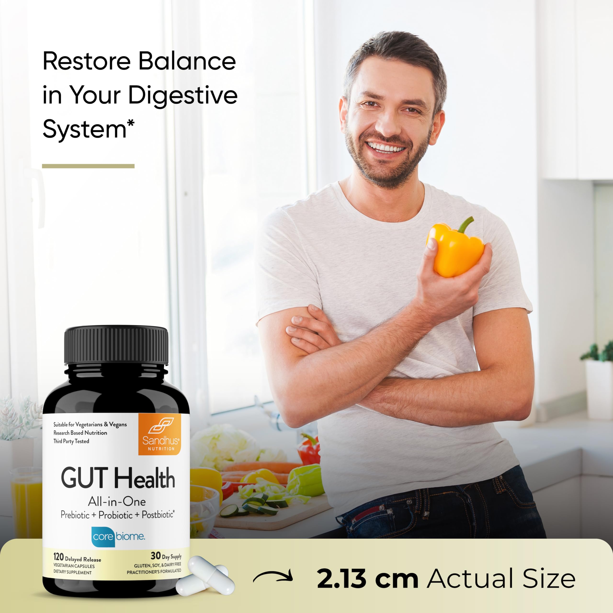 Sandhu's Gut Health bottle shows 30 servings for monthly use.
