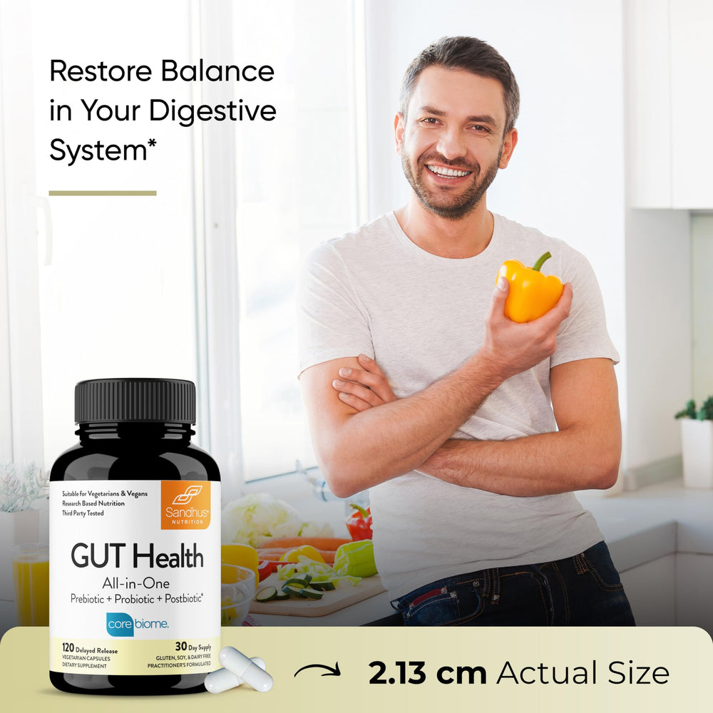 Sandhu's Gut Health bottle shows 30 servings for monthly use.