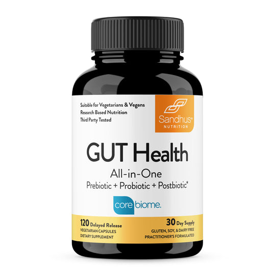 Sandhu's Gut Health bottle front for daily digestive support.