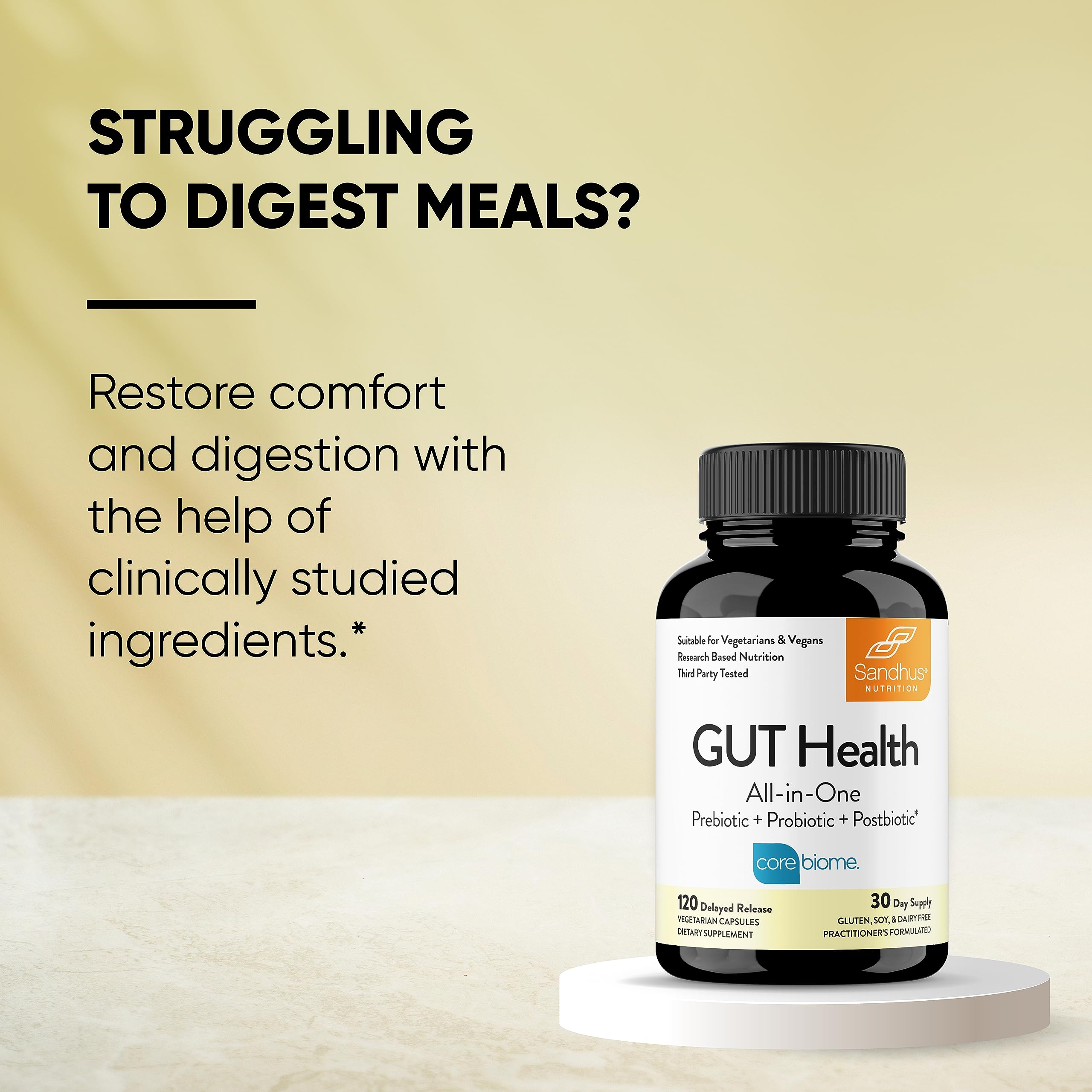 Sandhu's Gut Health vegetarian-friendly logo highlights allergen-free formula.