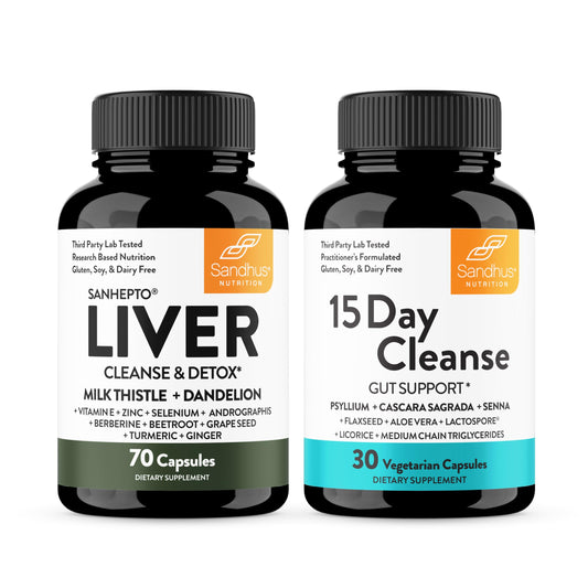 Sandhu's Liver Cleanse bottle label showing herbal blend for potential liver support.