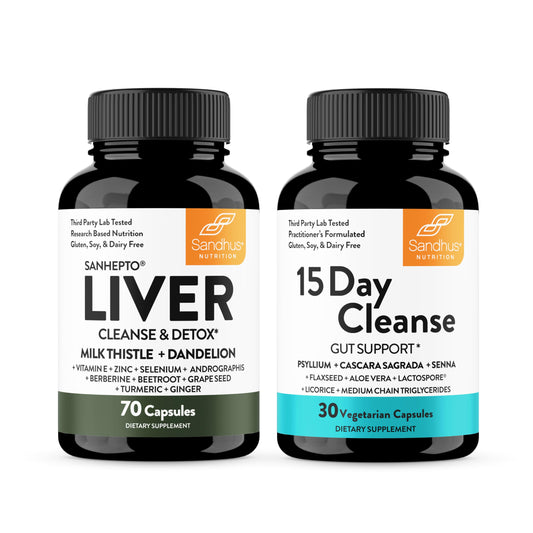 Sandhu's Liver Detox bottle on a kitchen counter supports daily wellness