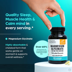 Sandhu's Magnesium Glycinate capsules closeup, easy to swallow daily.