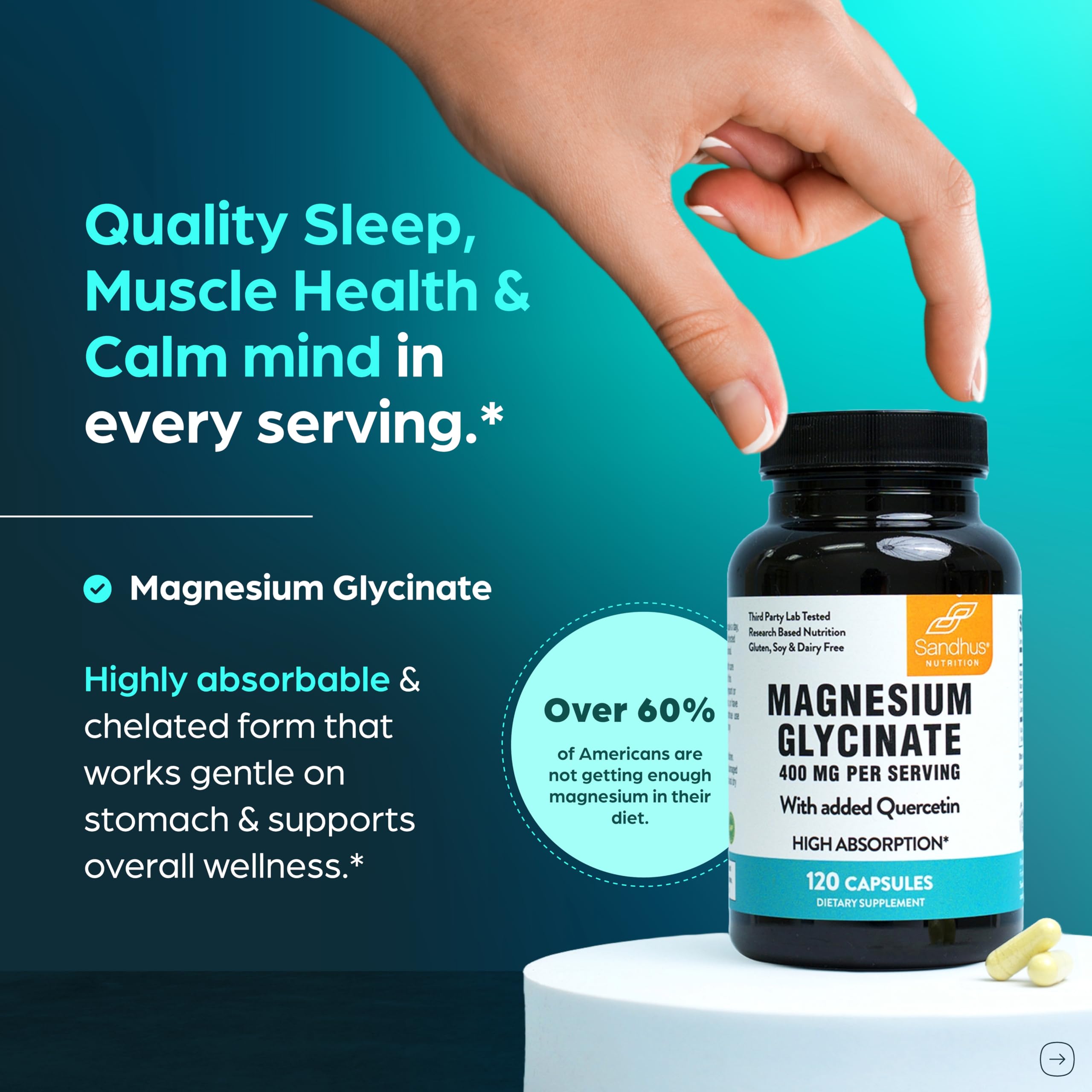 Sandhu's Magnesium Glycinate capsules pouring from the bottle for daily use.